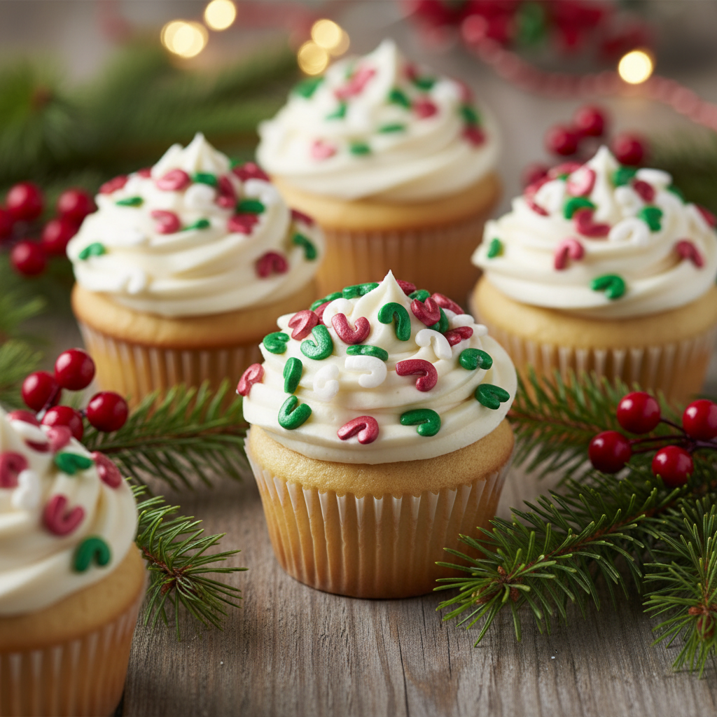 "Cupcakes navideños decorados con grageas comestibles en forma de bastones de caramelo rojo, verde y blanco"

