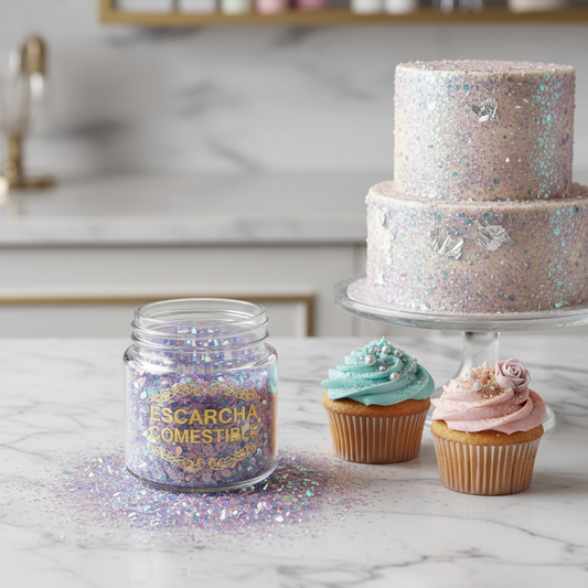 "Escarcha comestible diamantina en frasco con cupcakes y torta decorados con brillo brillante"