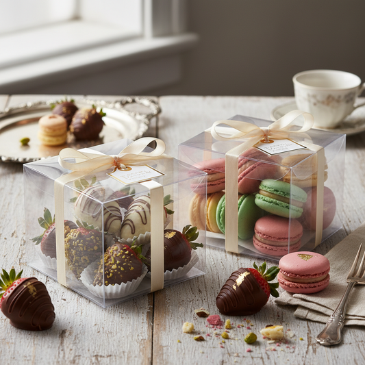 Fresas con chocolate y macarons en cajas de acetato