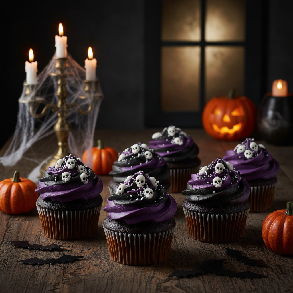 "Grageas comestibles en forma de calaveras decorando cupcakes de Halloween"