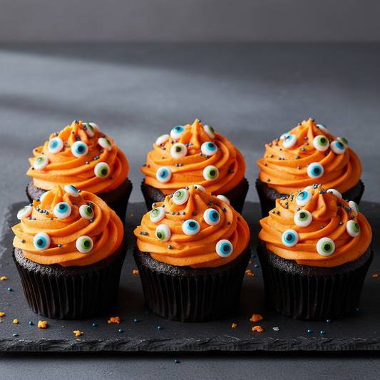  "Grageas comestibles en forma de ojos decorando cupcakes de Halloween con glaseado naranja"