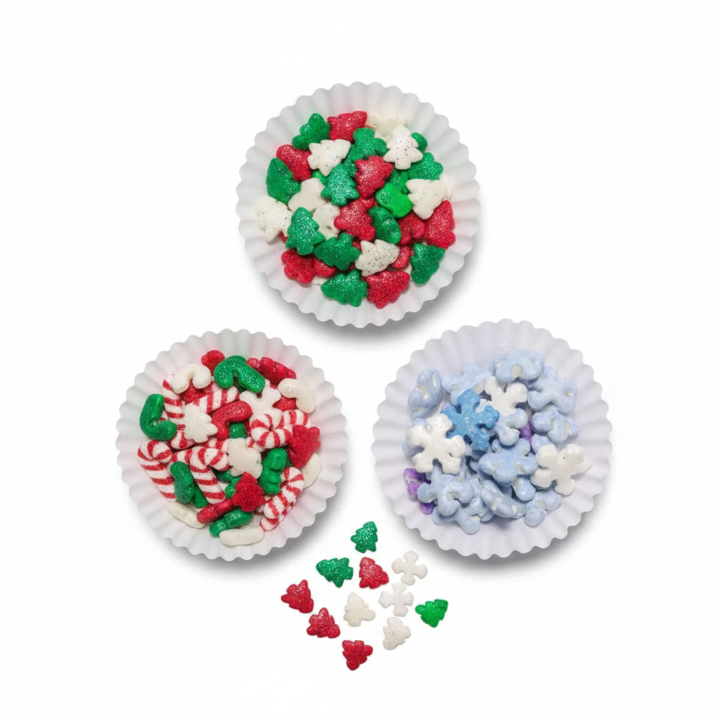 Capacillos con grageas navideñas de Vallia Repostería con forma de árboles, bastones de caramelo y copos de nieve