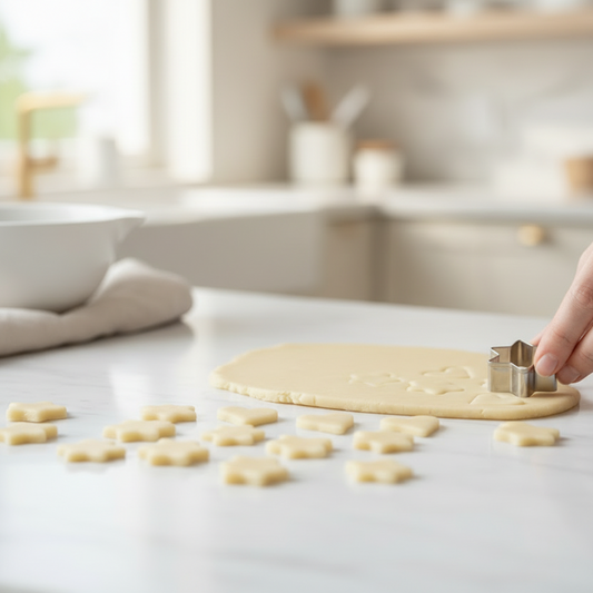  "Mini cortadores geométricos cortando fondant y masa para decoración detallada de repostería"