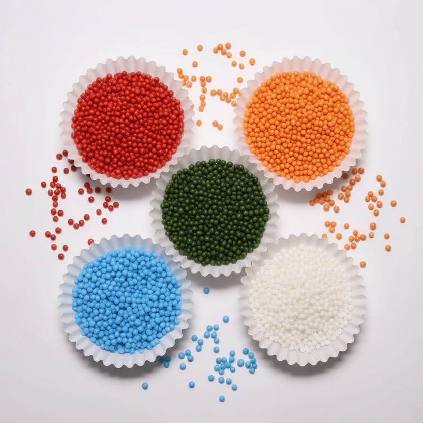Capacillos con grageas redondas mini comestibles de Vallia Repostería en rojo, naranja, verde, azul y blanco
