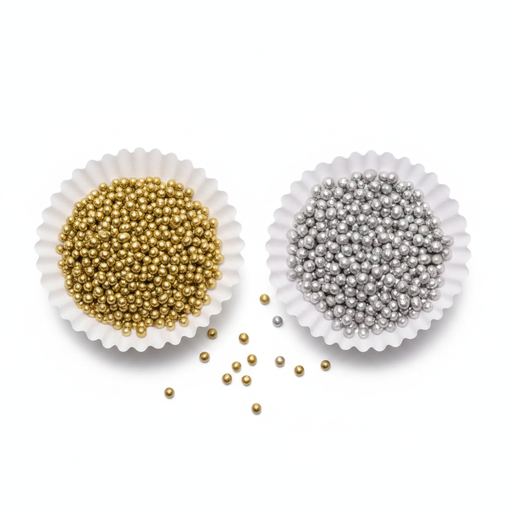 Capacillos con grageas perladas comestibles doradas y plateadas de Vallia Repostería para decorar tortas y postres