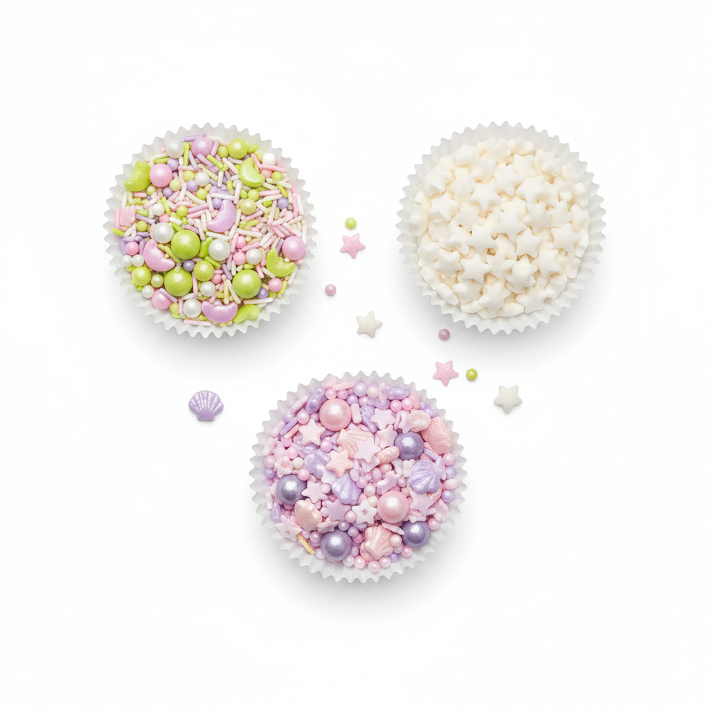 Capacillos con kits surtidos de grageas comestibles de Vallia Repostería: mix pastel, estrellas blancas y surtido de conchas y perlas
