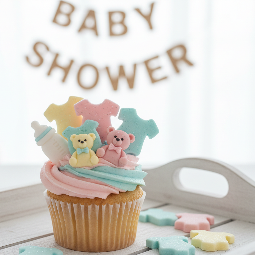 Decoraciones de fondant para baby shower hechas con molde de silicona - teteros, ositos y pañaleros