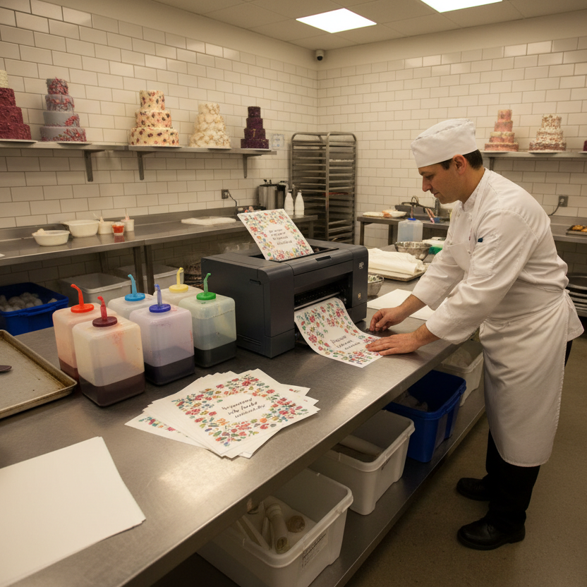 "Proceso de impresión comestible en papel de arroz para decoración de tortas profesional"