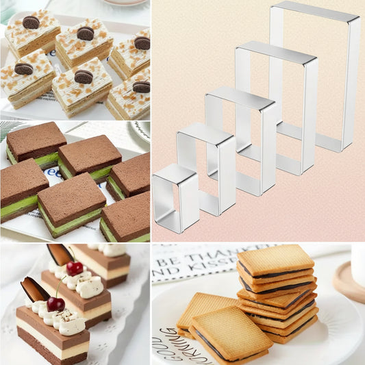 Juego de 5 cortadores rectangulares de acero inoxidable con ejemplos de uso en galletas sándwich postres individuales y tortas de capas sobre fondo beige - Vallia Reposteria