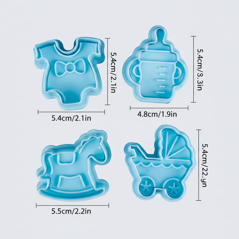 Cortadores de émbolo temática bebé: set de 4 piezas (caballo, biberón, body, coche) para decoración de repostería.