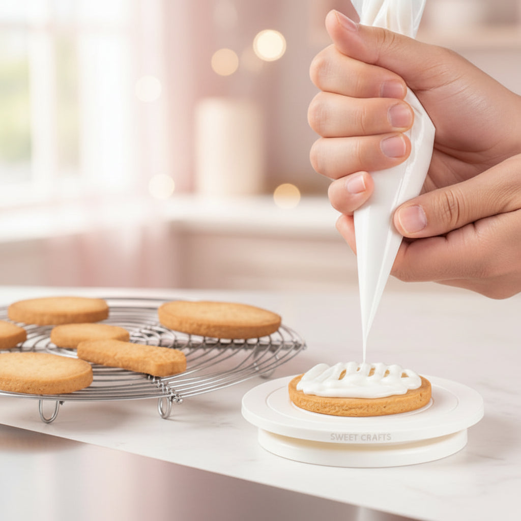 "Mini plato giratorio blanco de 14 cm para decorar galletas con glaseado y detalles de repostería - Vallia Repostería"