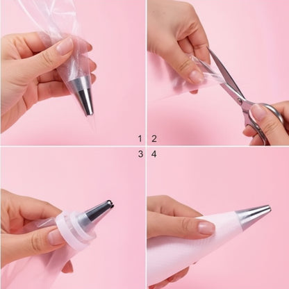 Guía de uso en 4 pasos de manga pastelera desechable MASTER con boquilla y acoplador sobre fondo rosa – para decoración de tortas y repostería - Vallia Reposteria