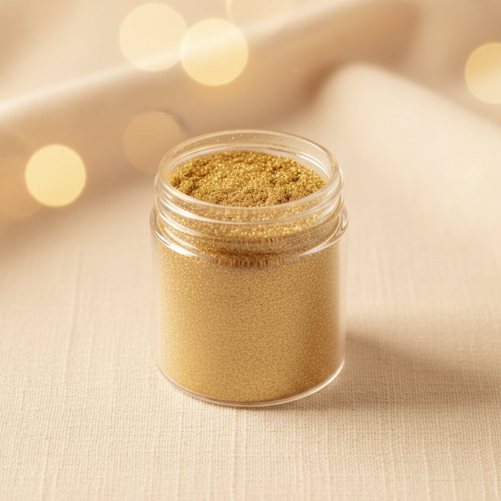 Polvo matizador comestible Dorado Elegante en frasco de vidrio abierto – colorante metálico para fondant y tortas - Vallia Reposteria