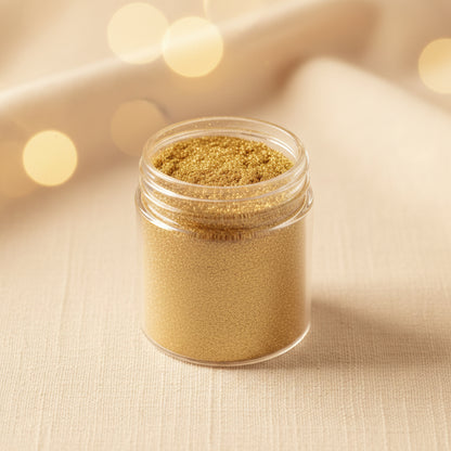 Polvo matizador comestible Dorado Elegante en frasco de vidrio abierto – colorante metálico para fondant y tortas - Vallia Reposteria