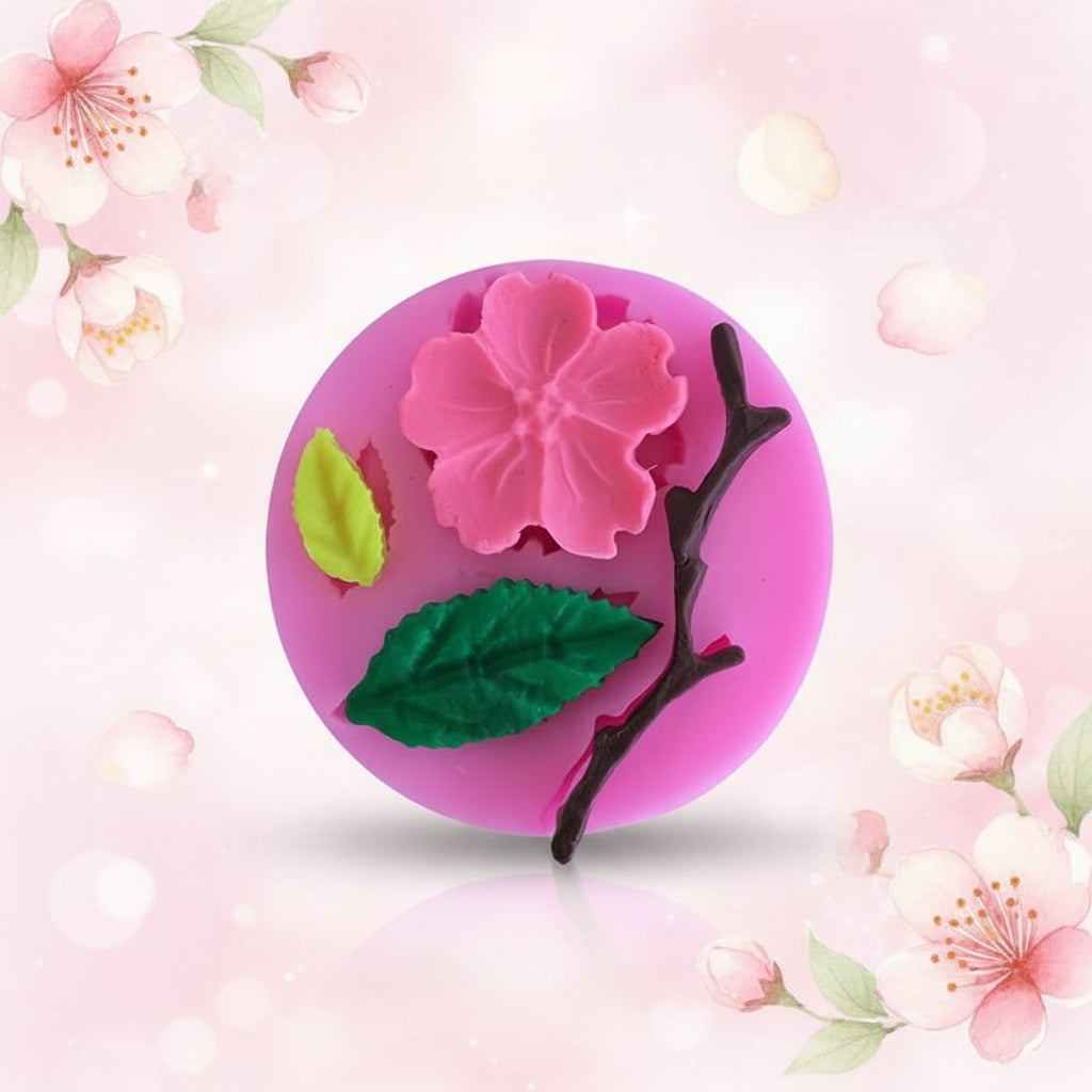 Molde de Silicona Flor de Cerezo, Rama y Hojas (5.5 cm) - Para Fondant, Chocolate y Repostería