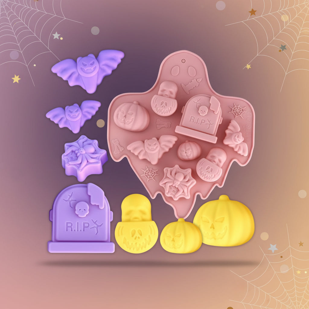 Molde de Silicona Multicavidad de Halloween (Lápida, Calabazas, Murciélagos y Calaveras)
