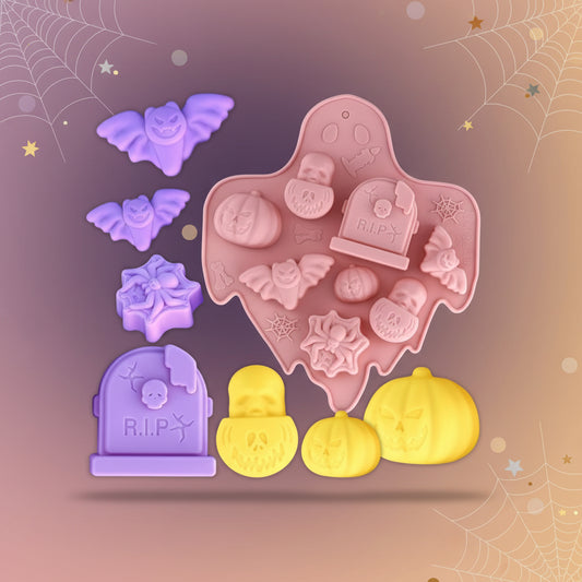Molde de Silicona Multicavidad de Halloween (Lápida, Calabazas, Murciélagos y Calaveras)
