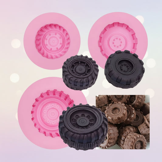 Molde de silicona de llantas 3D en 3 tamaños con resultado en chocolate para tortas temáticas | Vallia Repostería