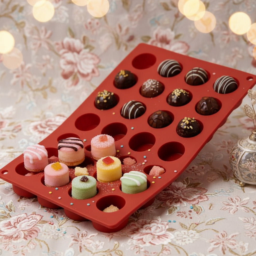 Molde de silicona cilíndrico 24 cavidades con mini postres y trufas de chocolate desmoldados | Vallia Repostería