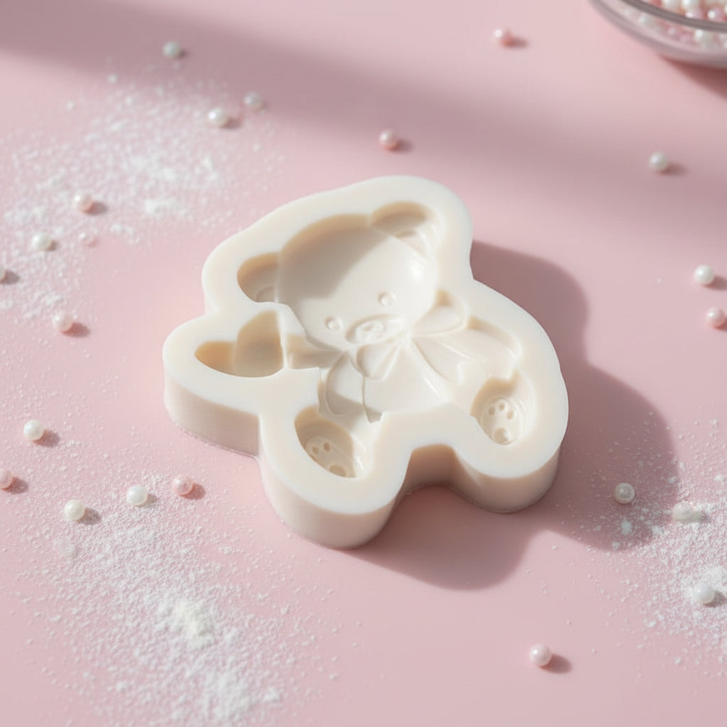 Molde de silicona blanco de osito con corazón y lazo en relieve sobre fondo rosa con perlas de azúcar – para chocolates fondant y repostería creativa - Vallia Reposteria