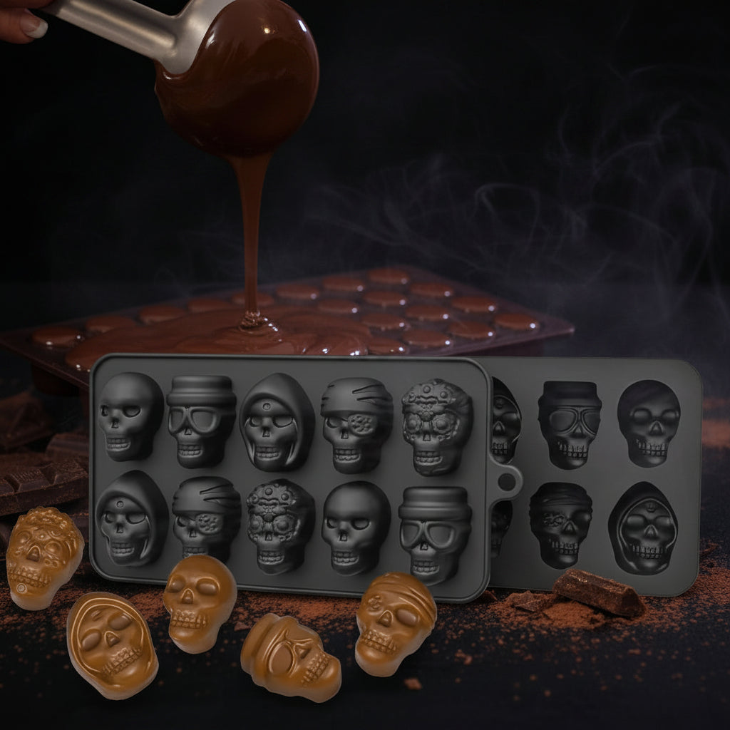 Molde de Silicona para Chocolates de Halloween (Calaveras Surtidas) - 8 Cavidades