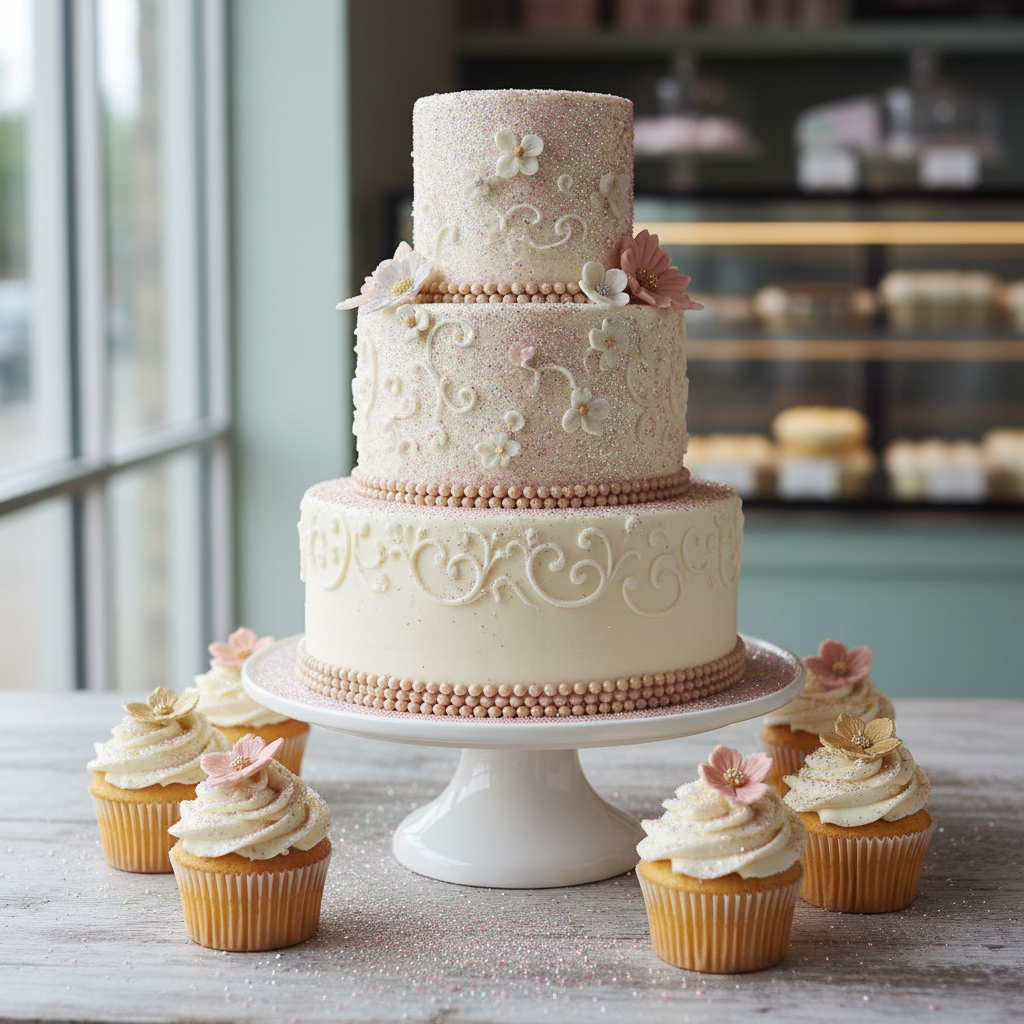  "Torta y cupcakes decorados con escarcha comestible en colores rosa, dorado y plateado"

