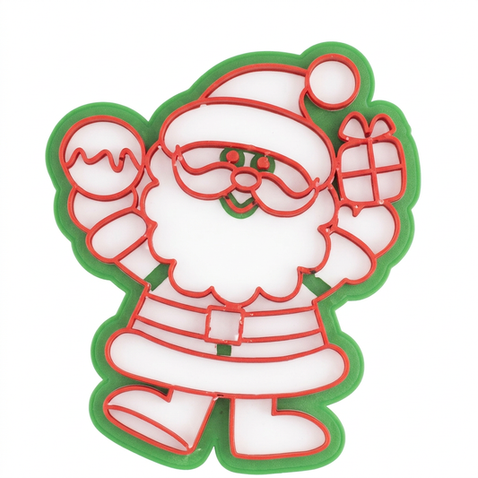 Cortador de galletas Vallia Repostería con forma de Santa Claus sosteniendo un regalo, ideal para repostería navideña.
