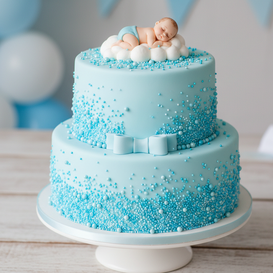 Torta baby shower azul con grageas