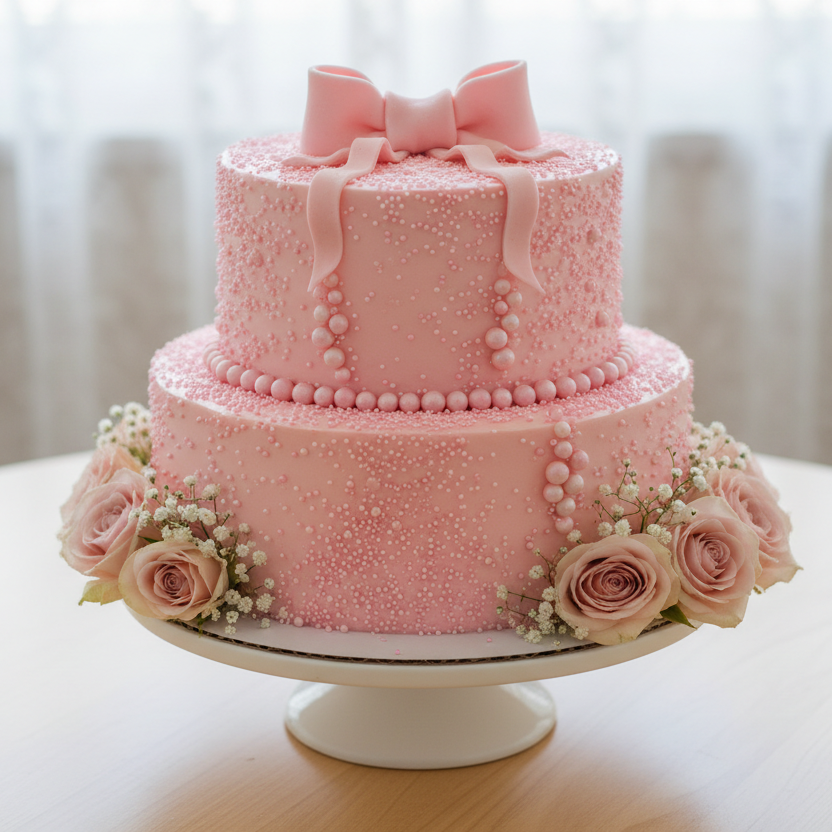 Torta baby shower rosa con grageas