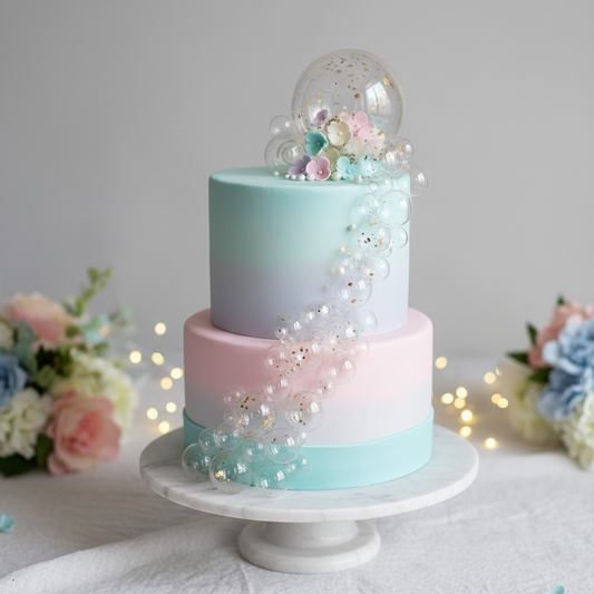 Torta de baby shower con esferas transparentes