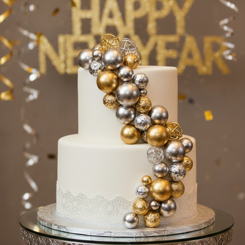 Torta de celebración con mini globos dorados y plateados