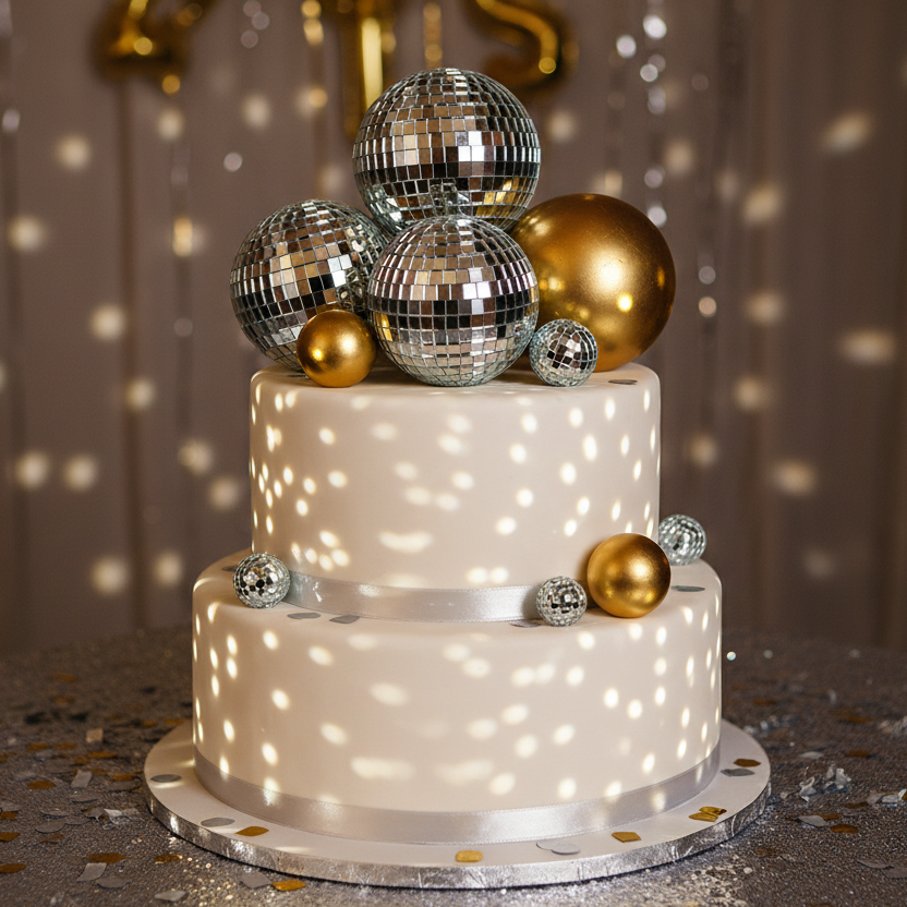 Torta de cumpleaños con esferas disco doradas y plateadas