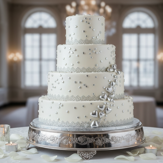 Torta plateada con corazones
