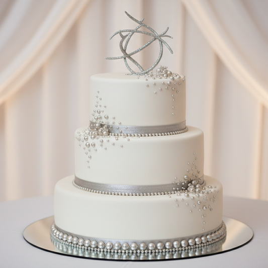 Torta plateada con perlas