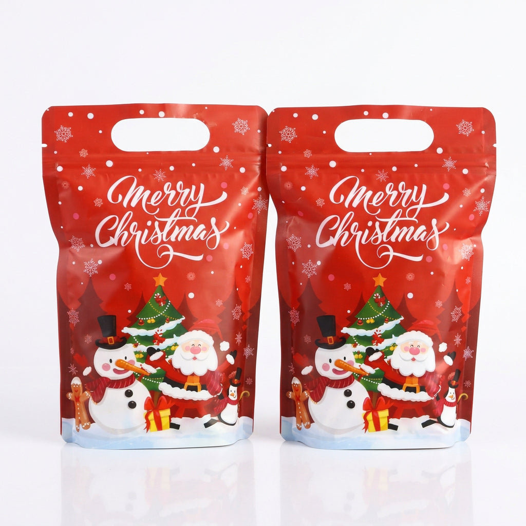 Bolsas de regalo Vallia Repostería rojas con diseño navideño de Papá Noel, muñeco de nieve y asa troquelada
