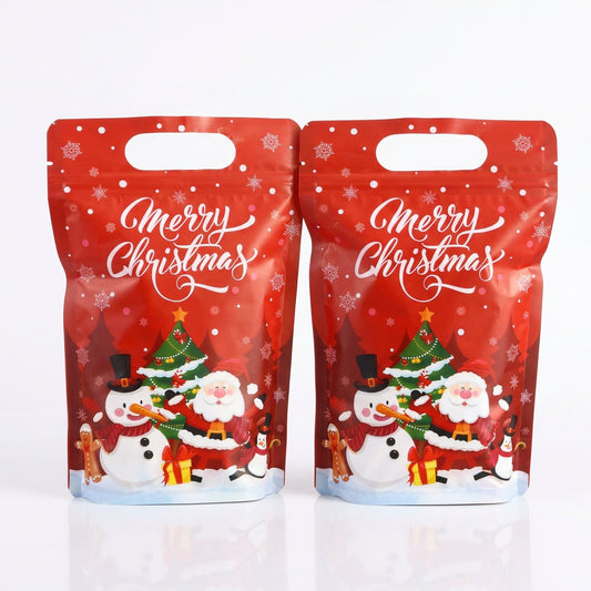 Bolsas de regalo Vallia Repostería rojas con diseño navideño de Papá Noel, muñeco de nieve y asa troquelada