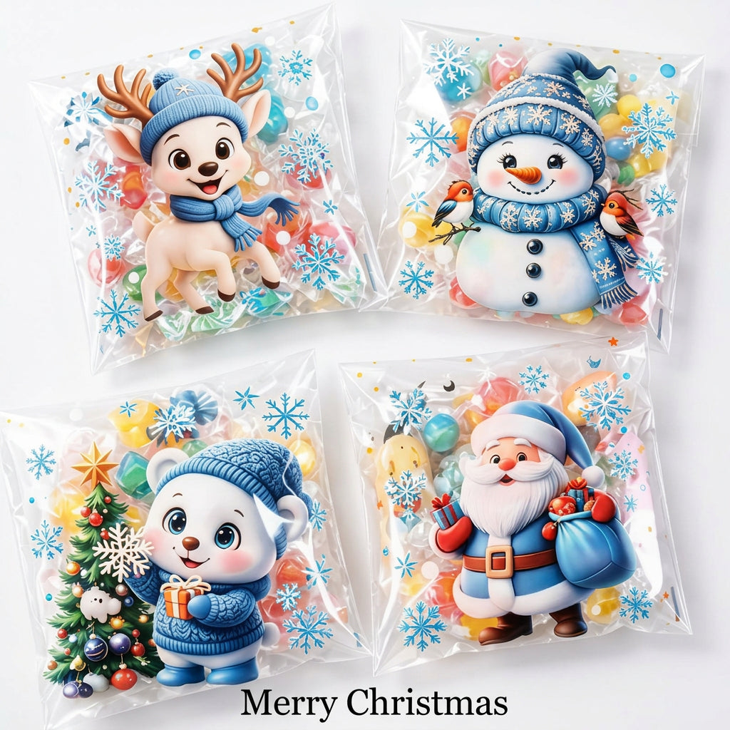 Bolsas transparentes Vallia Repostería con diseños navideños de reno, muñeco de nieve, oso y Santa Claus para dulces.