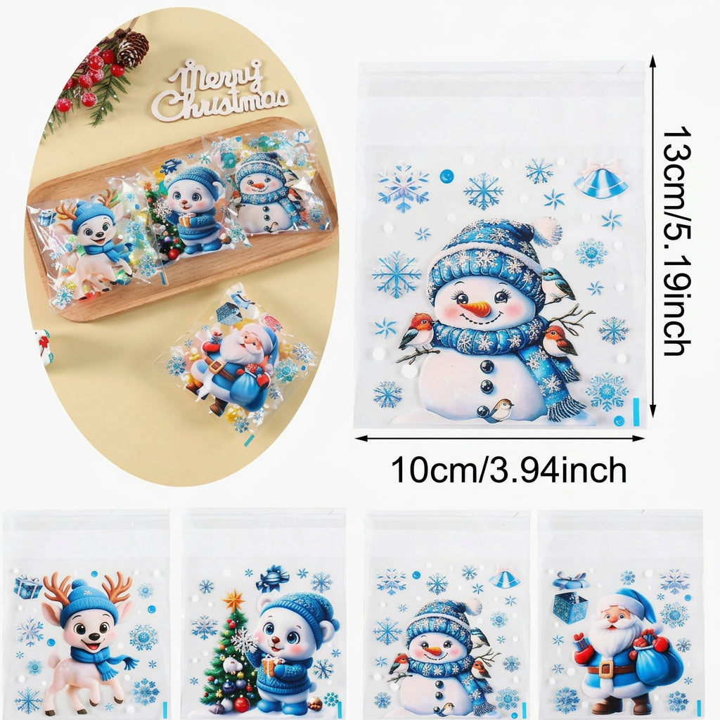 Bolsas transparentes Vallia Repostería de 10x13 cm con diseños navideños de muñecos de nieve, renos y Santa Claus.
