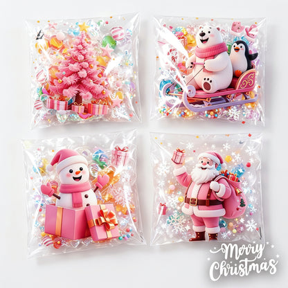 Bolsas transparentes Vallia Repostería con motivos navideños rosas, ideales para galletas y dulces festivos.