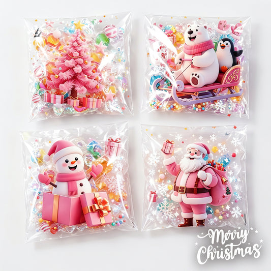 Bolsas transparentes Vallia Repostería con motivos navideños rosas, ideales para galletas y dulces festivos.