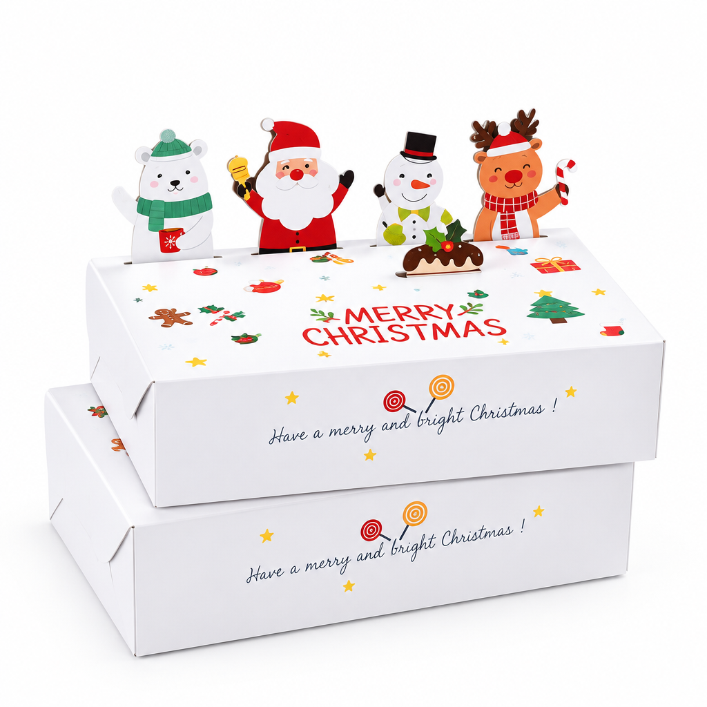Caja decorativa Vallia Repostería blanca para galletas con ilustraciones navideñas de Santa, renos y muñecos de nieve