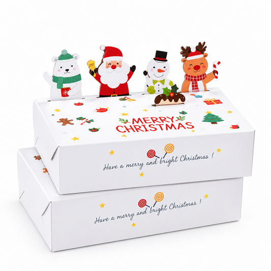 Caja decorativa Vallia Repostería blanca para galletas con ilustraciones navideñas de Santa, renos y muñecos de nieve