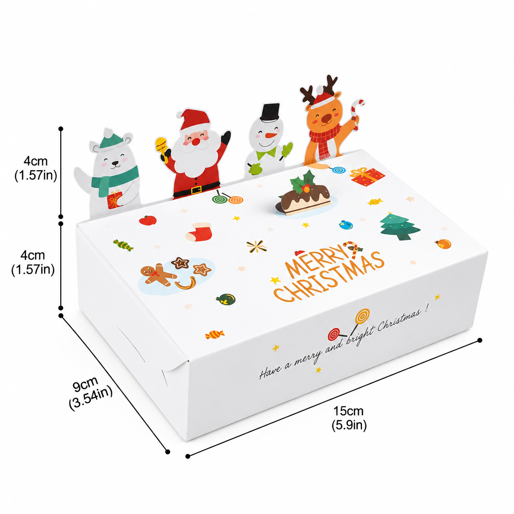 Caja decorativa Vallia Repostería blanca con ilustraciones navideñas de Santa, renos y muñecos de nieve para dulces.