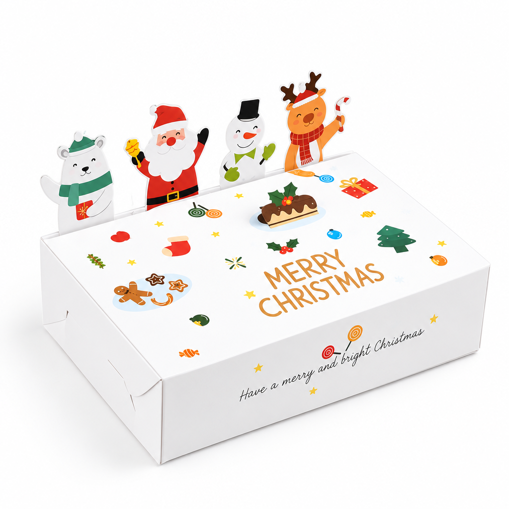 Caja decorativa Vallia Repostería blanca con ilustraciones navideñas de Santa, renos y dulces para regalos festivos.