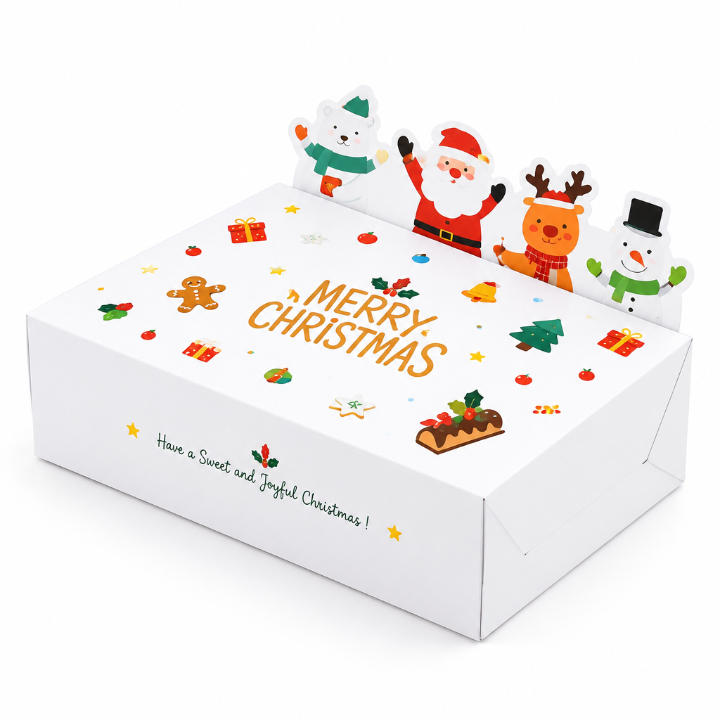 Caja decorativa Vallia Repostería blanca con ilustraciones navideñas de Santa y renos para galletas y dulces
