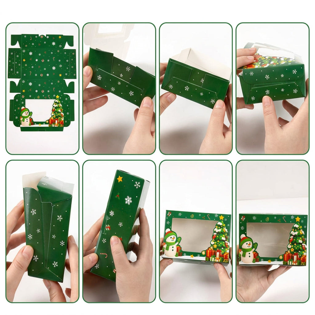 Cajas de regalo navideñas Vallia Repostería de cartón verde con ventana transparente y motivos de muñeco de nieve