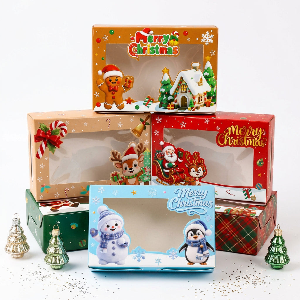 Cajas de regalo Vallia Repostería con ventana transparente y diseños navideños coloridos para dulces y galletas
