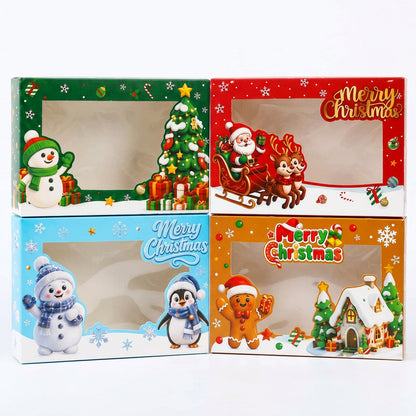 Cajas de regalo navideñas Vallia Repostería con ventana transparente y diseños festivos de Santa, renos y muñecos