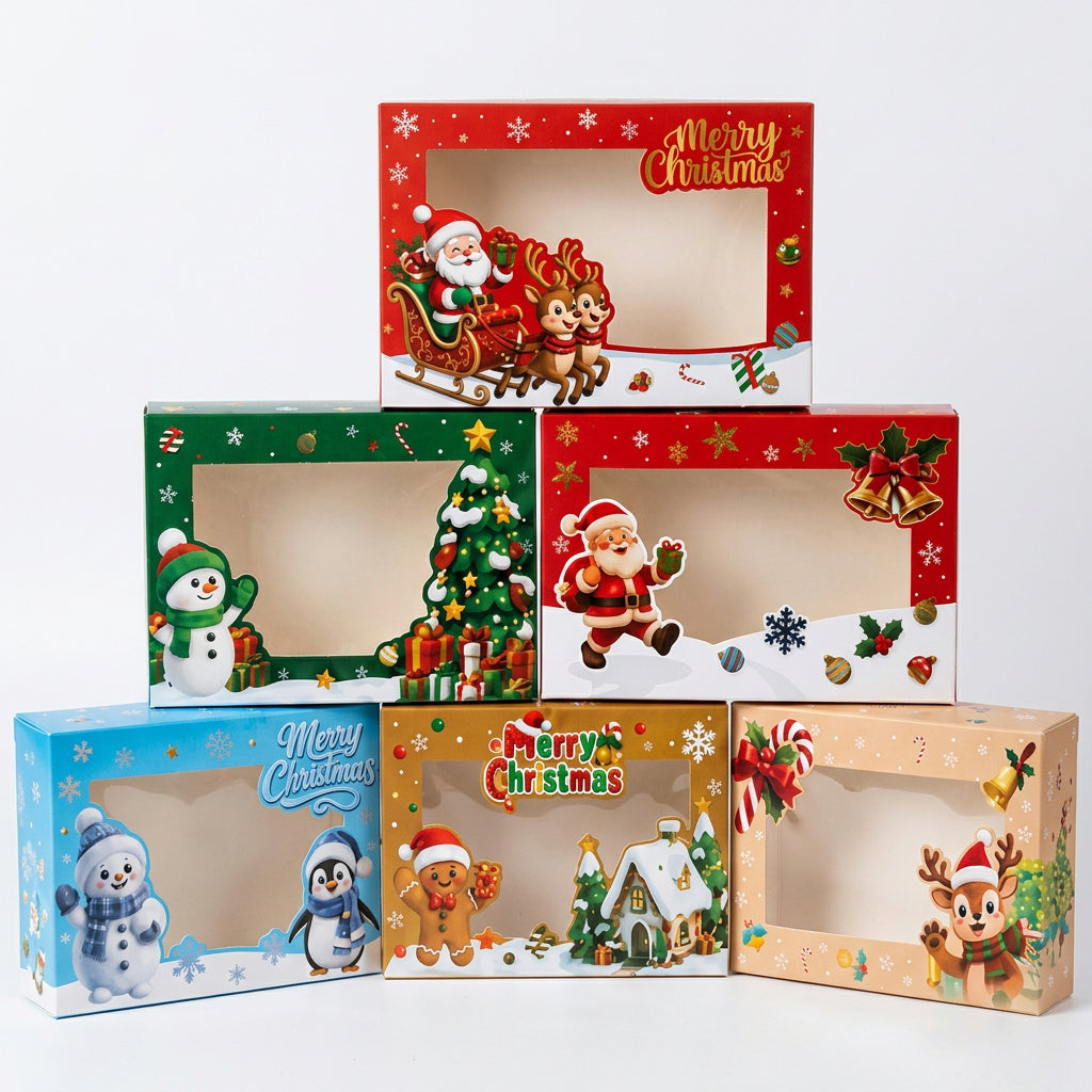Set de cajas de regalo Vallia Repostería con ventana transparente y diseños navideños coloridos para dulces y galletas