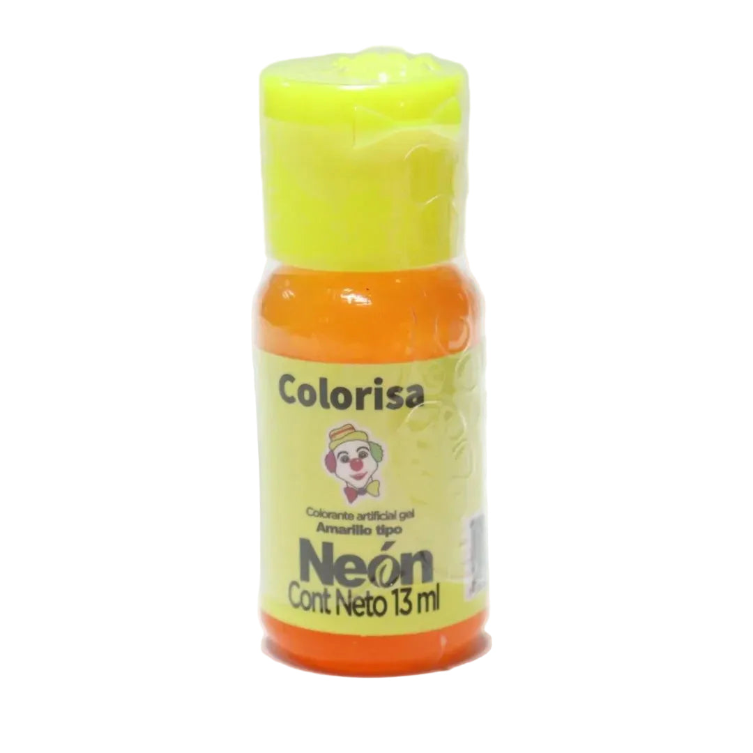Frasco de colorante en gel neón amarillo de 13 ml marca Colorisa disponible en Vallia Repostería para repostería
